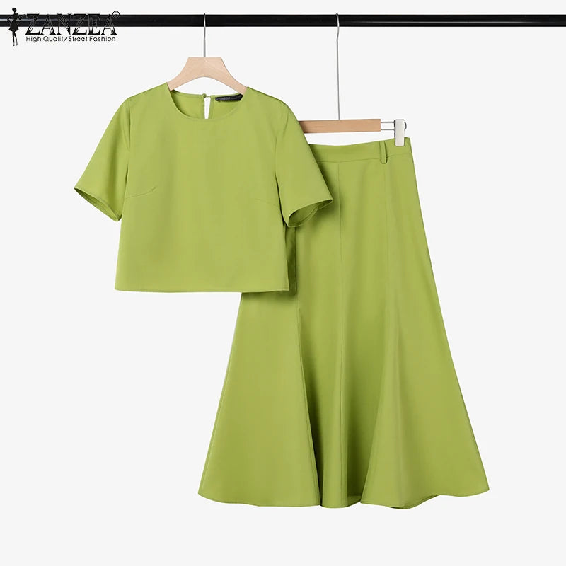 ZANZEA Fashion 2PCS Women Summer Dress Sets Summer Work OL Tracksuits Elegant Short Sleeve Blouse Sundress Casual Solid Outfits