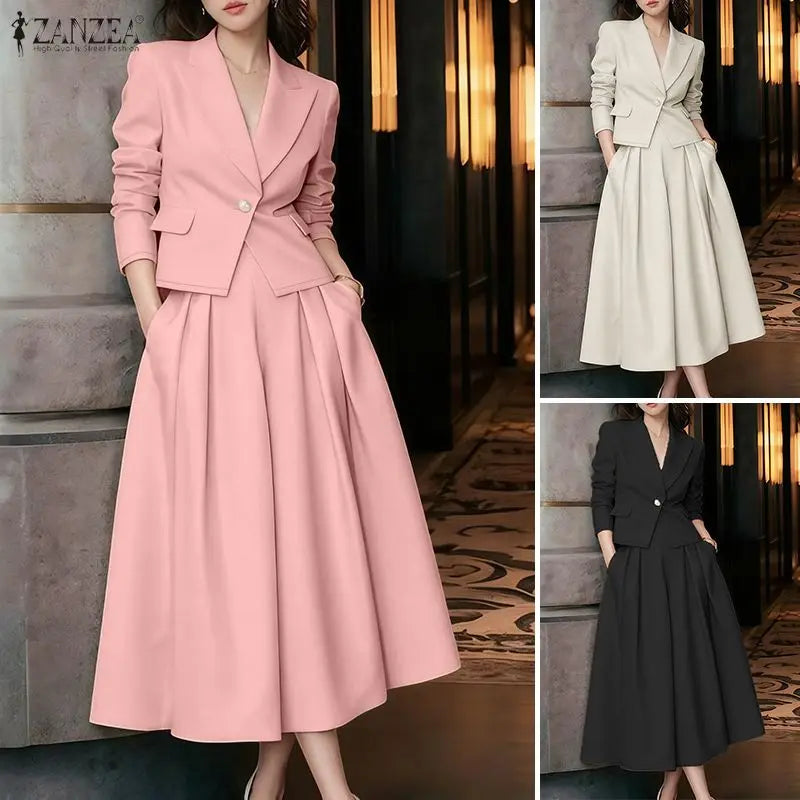 ZANZEA Spring Outfits Women 2026 Elegant Long Sleeve Blazer Dress Suit Office 2 Piece Sets Fashion Work OL Tracksuit Oversize