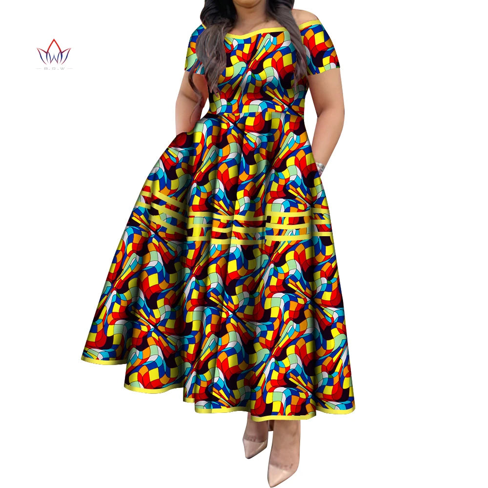BintaRealWax African Dresses for Women Elegant African Print Short Sleeve High Waist Maxi Dress Africa Clothing WY3629