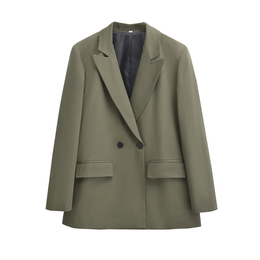 Women's Double Breasted Office Wear Blazer Coat, Long Sleeve, Flap Pockets, Female Outerwear, Chic Tops, Fashion