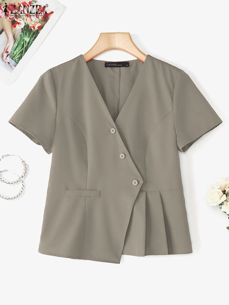 ZANZEA Fashion Shirts Women Elegant Office Tops Casual Short Sleeve Blusas Oversized V Neck Tunic 2025 Solid Color Pullover