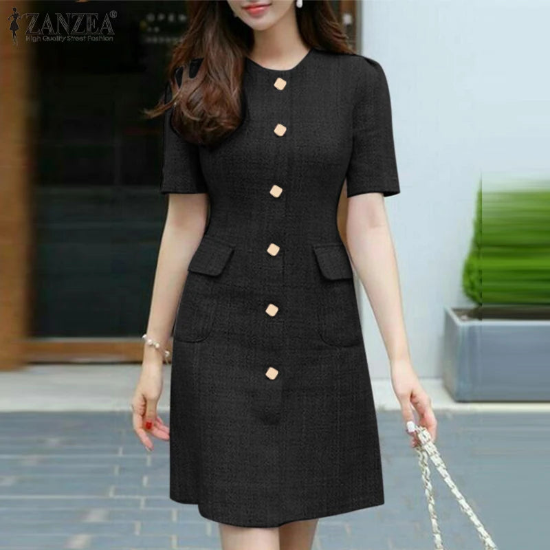 Summer Fashion OL Dress ZANZEA Women O Neck Short Sleeve Sundress Vintage Buttons Up Vestidos Robe Femme Elegant Party Dresses