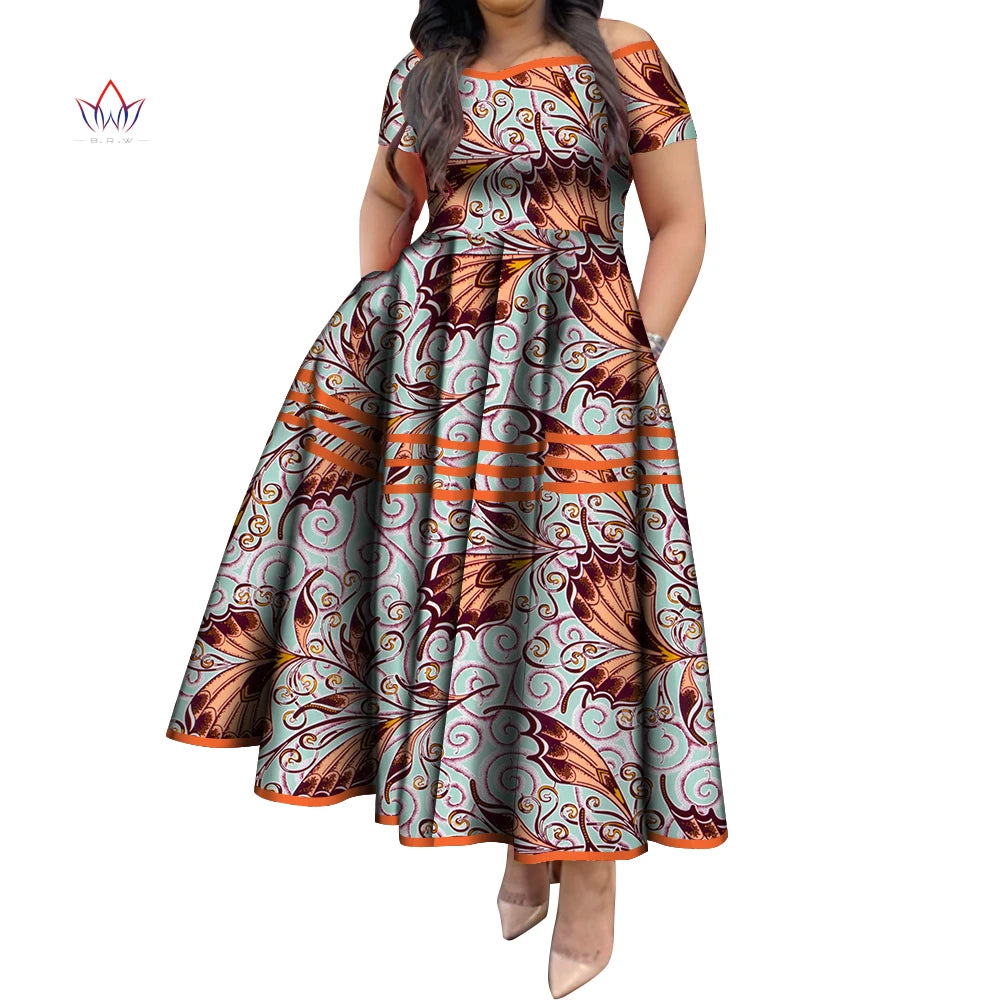 BintaRealWax African Dresses for Women Elegant African Print Short Sleeve High Waist Maxi Dress Africa Clothing WY3629