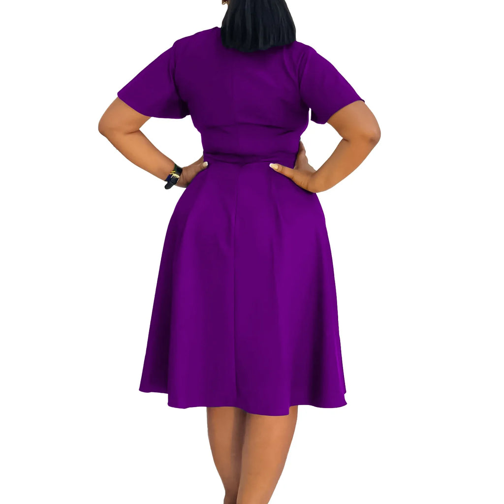Plus Size Spring Summer New Solid Color Matching V-Neck Short Sleeves Fashion Commuting Slim Fit Midi Length Elegant Style Dress