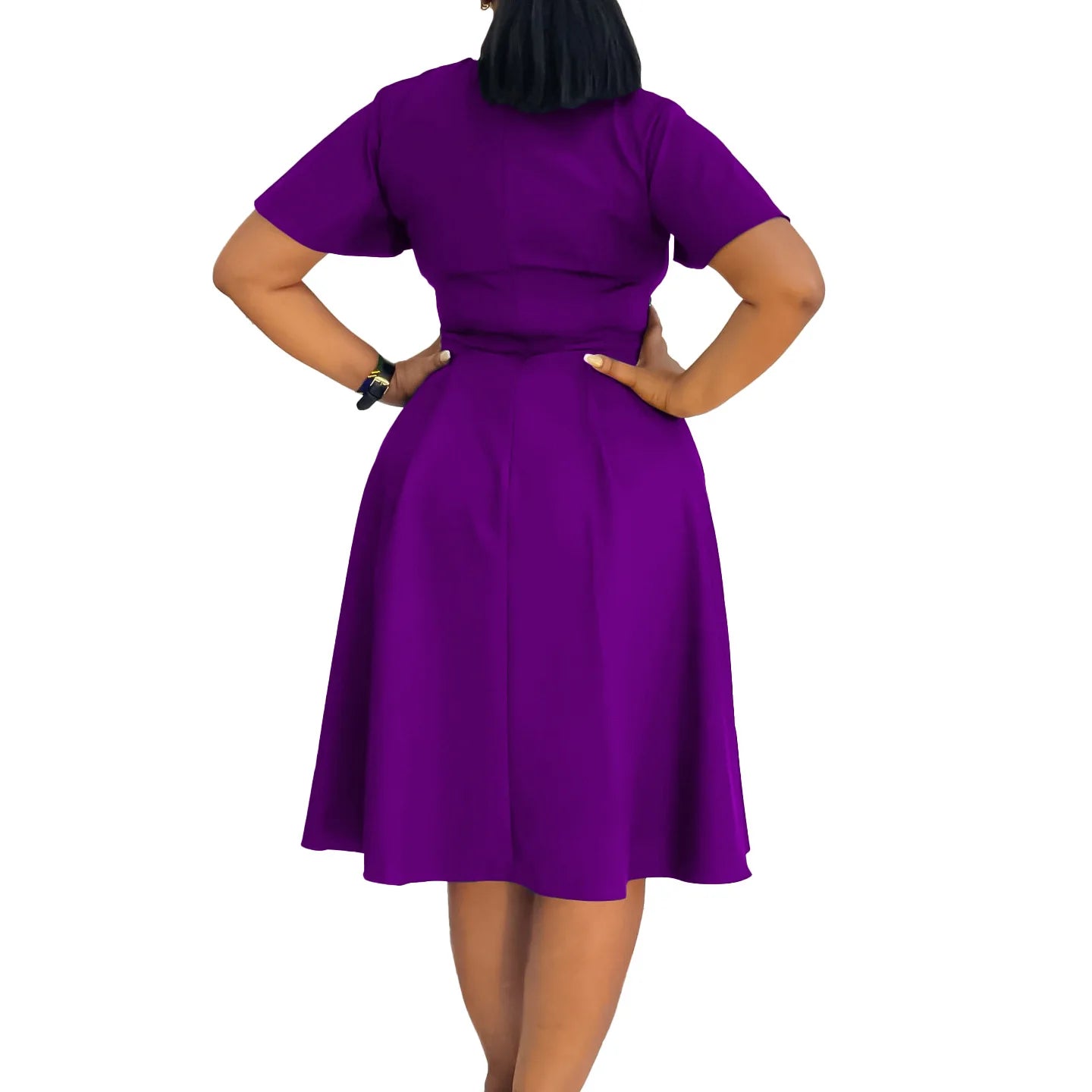 Plus Size Spring Summer New Solid Color Matching V-Neck Short Sleeves Fashion Commuting Slim Fit Midi Length Elegant Style Dress