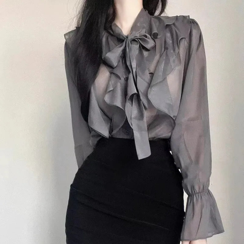 Summer Korean Chiffon Blouse Office Lady Autumn Fashion Tops Sweet Bow Shirts Women Casual Long Sleeve Blouses Blusas 13864