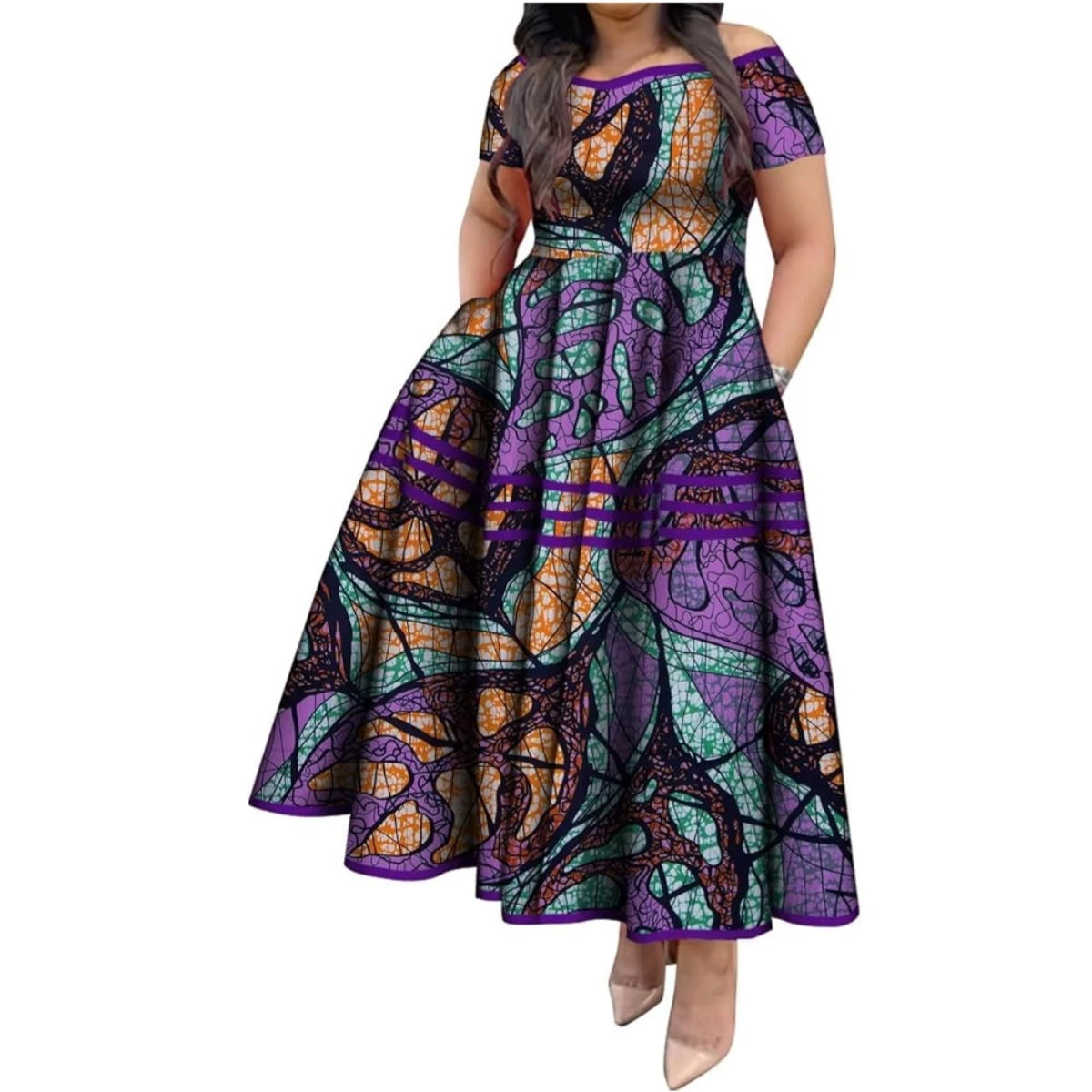 BintaRealWax African Dresses for Women Elegant African Print Short Sleeve High Waist Maxi Dress Africa Clothing WY3629