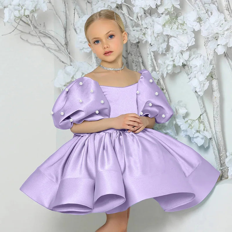 Kids Puffy Dress Pearl Decorated Girl Princess Dress Birthday Elegant Girls Party Dresses Children's Solid Bridesmaid Costume