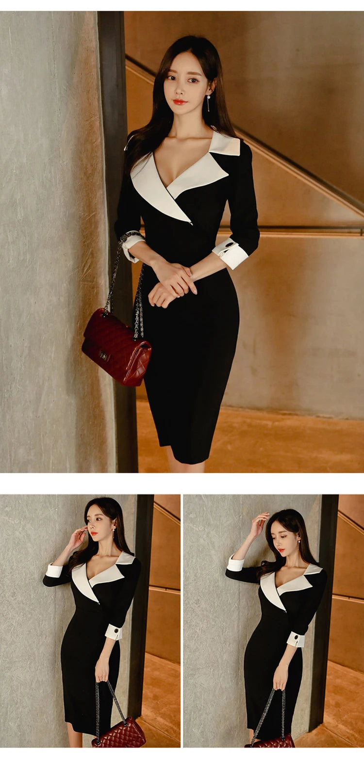 New Fashion Elegant Office Lady Women Dress Sexy Retro Casual Turn-Down Collar Black Formal Slim Midi Party Pencil Femme Vestido