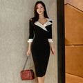 New Fashion Elegant Office Lady Women Dress Sexy Retro Casual Turn-Down Collar Black Formal Slim Midi Party Pencil Femme Vestido