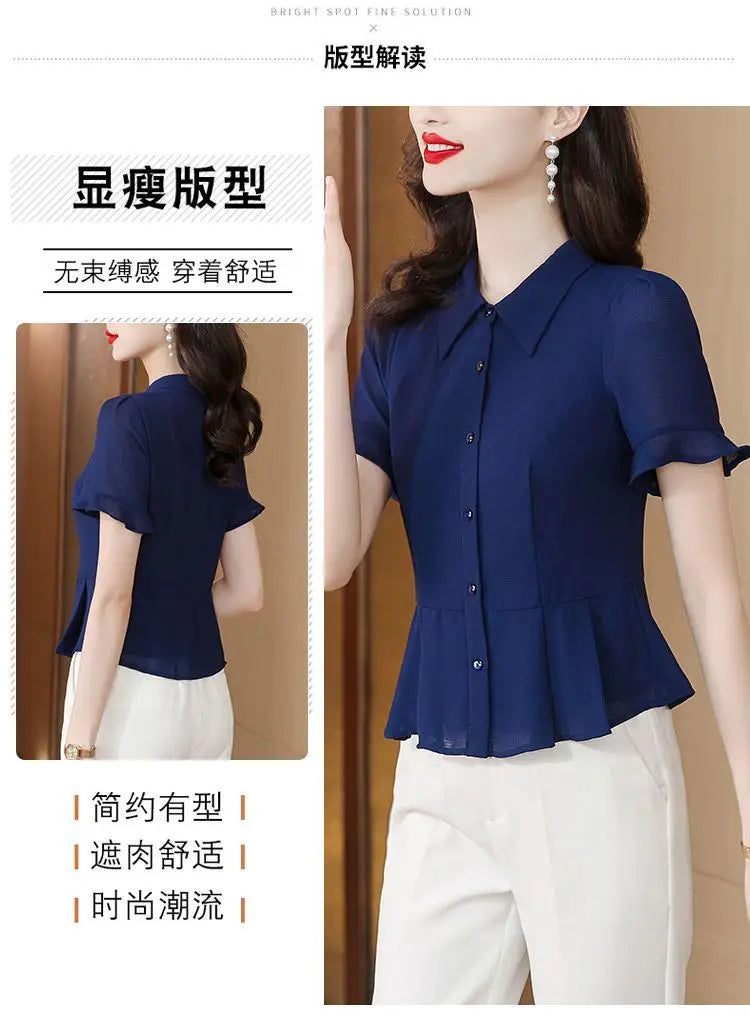 Women's Button Down Blouse Short Ruffle Sleeve Peplum Hem Chiffon Office Casual Top