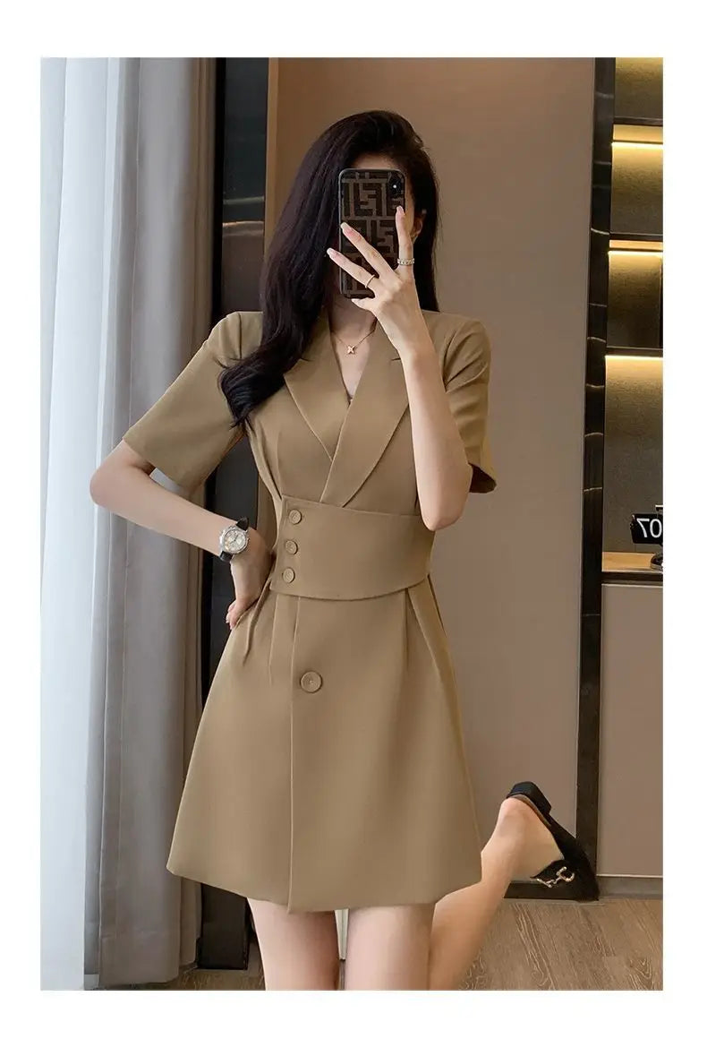 Summer New Office Lady Elegant Fashion Waist Dress Femme Short Sleeve Temperament Solid Robe Vestidos De Fiesta Women's Clothing