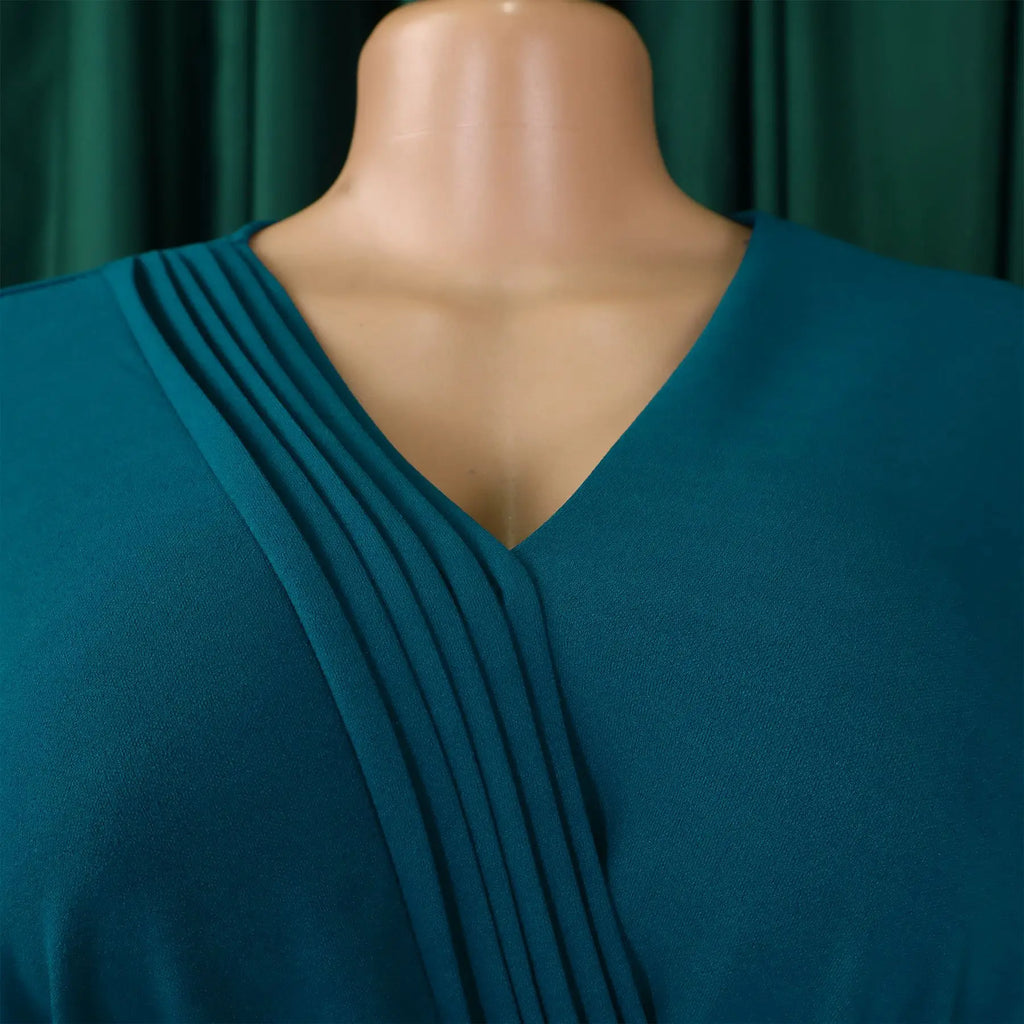 Summer New V-neck Elegant Solid Color Pleated Dress Fashionable Casual Knee-Length Women's Dress