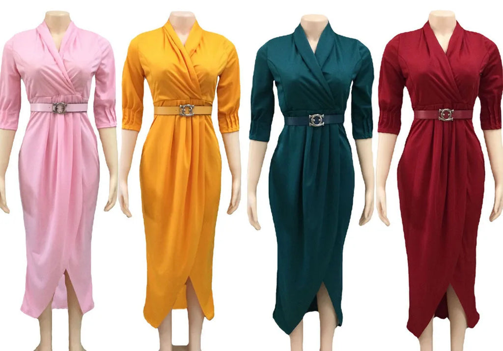 2024Elegant Office Ladies Dresses Women Fall Clothes Plus Size Long Sleeve Slim 3XL Dresses With Belt