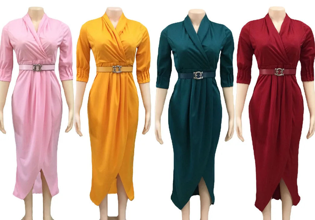 2024Elegant Office Ladies Dresses Women Fall Clothes Plus Size Long Sleeve Slim 3XL Dresses With Belt
