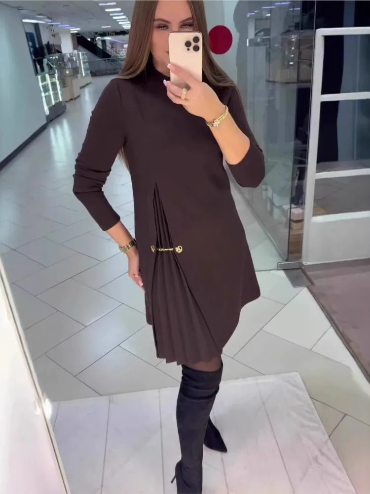 Fashion black casual dress new autumn o neck long sleeve office Holiday party solid dresses for women robe femme vestidos