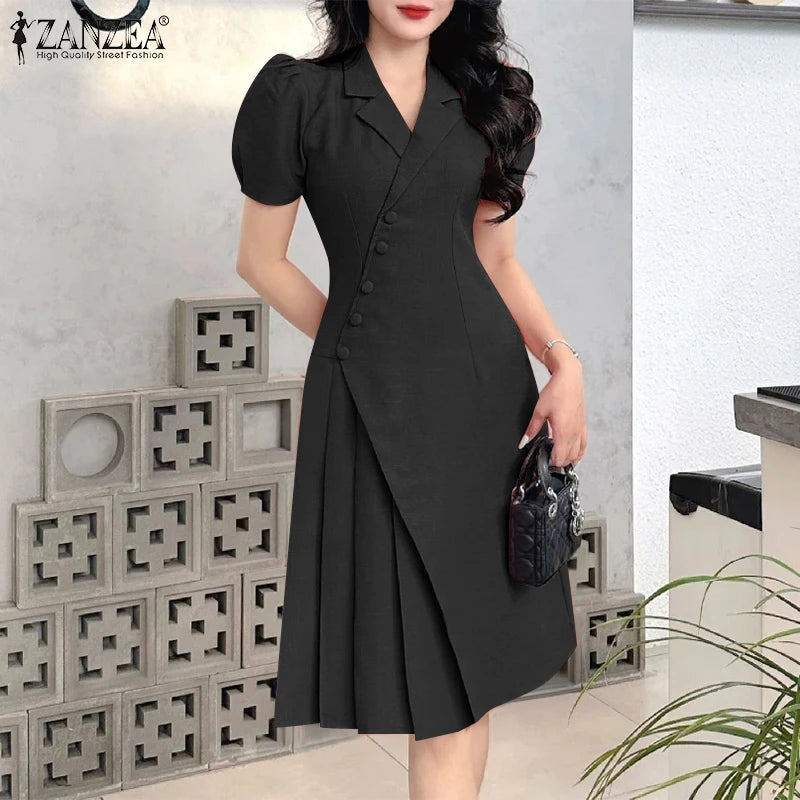 ZANZEA Women OL Work Dress Elegant Knee-Length Suits Sundress Summer 2025 Casual Short Sleeve Vestidos Solid Lapel Neck Robes