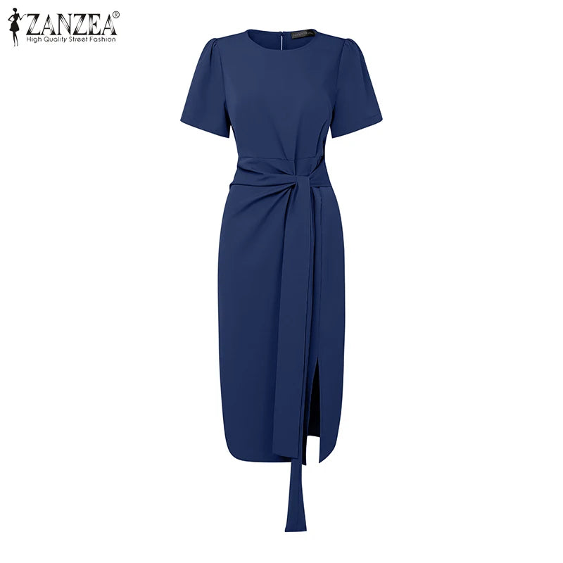 2025 Summer Dress ZANZEA Elegant Women Work OL Dresses Stylish Short Sleeve Slim Fit Party Vestidos Solid Lace Up Sundress Robe