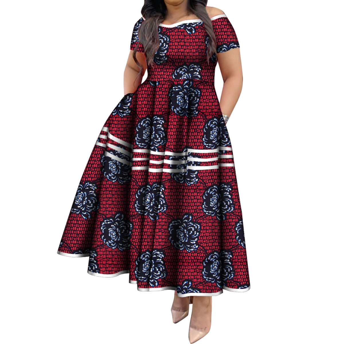BintaRealWax African Dresses for Women Elegant African Print Short Sleeve High Waist Maxi Dress Africa Clothing WY3629