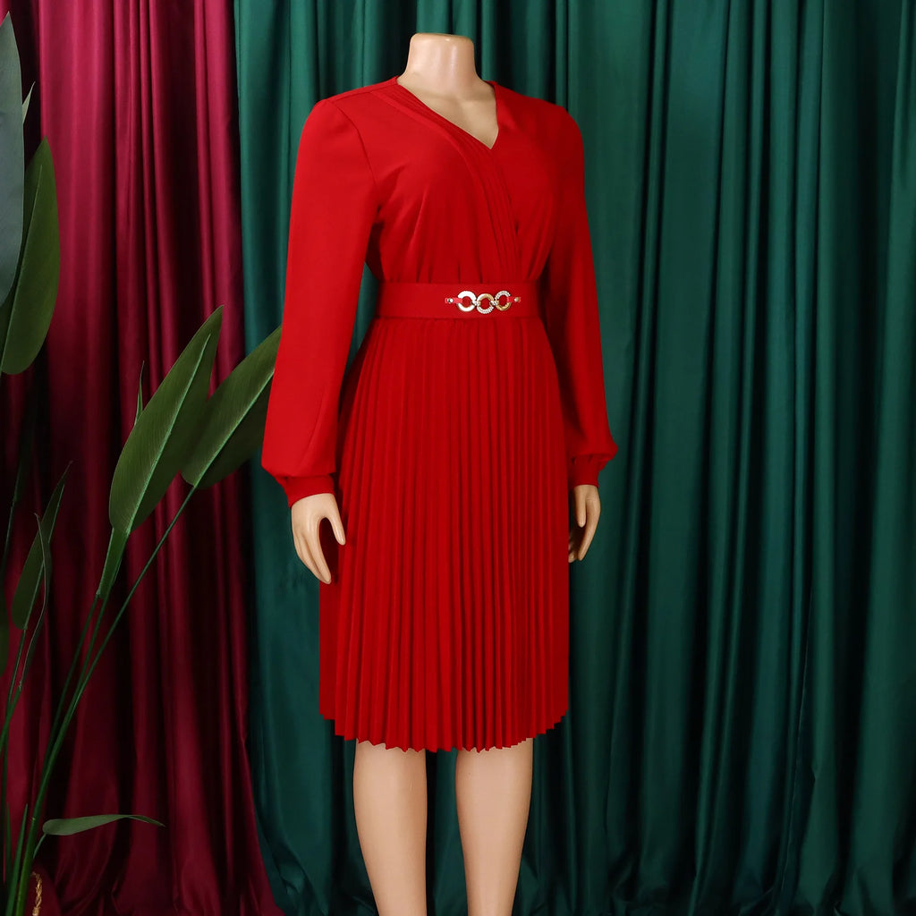 Summer New V-neck Elegant Solid Color Pleated Dress Fashionable Casual Knee-Length Women's Dress
