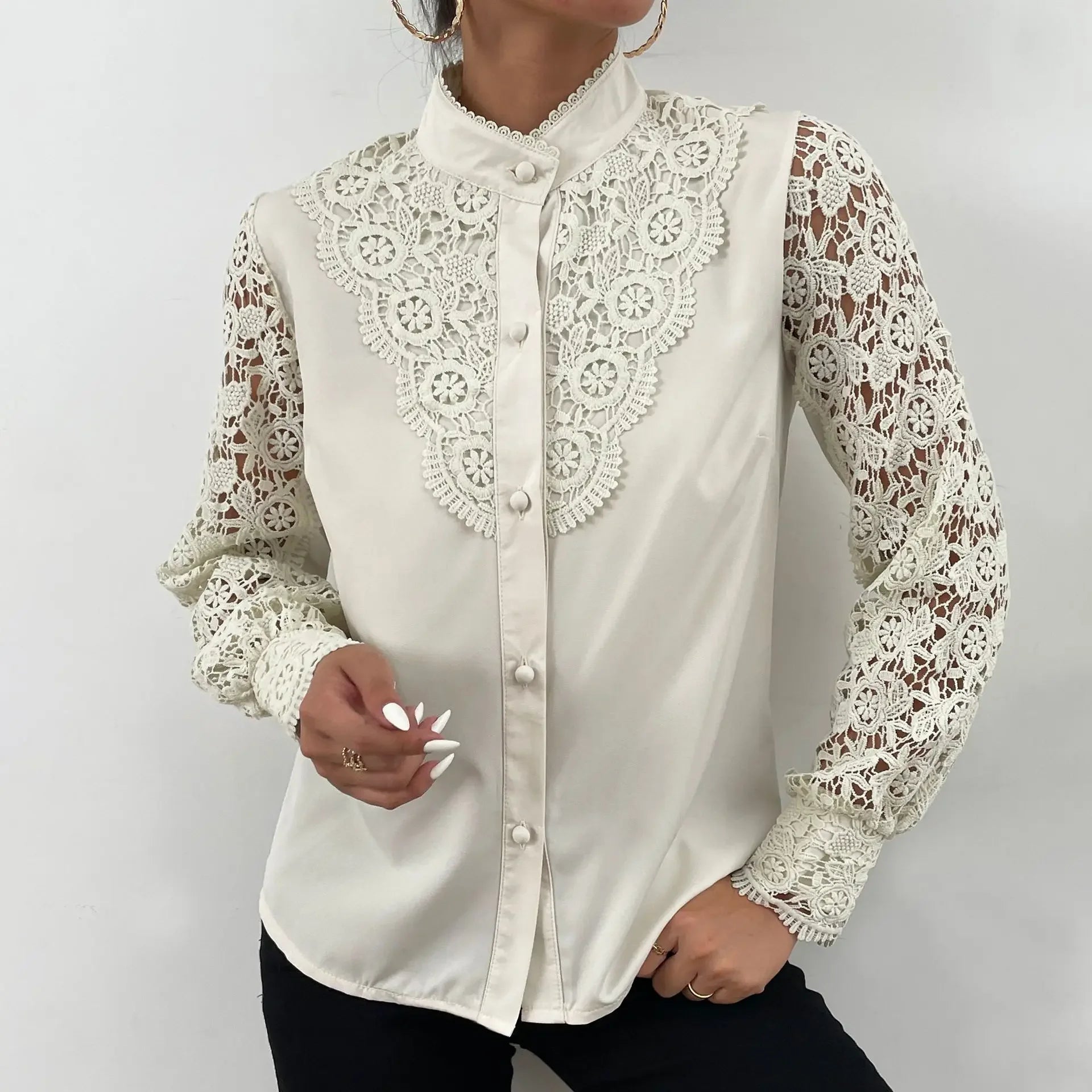 Women's Blouses White Office Spring Casual Button V-neck Long Sleeve Elegant Hook Flower Hollow Shirt For Female