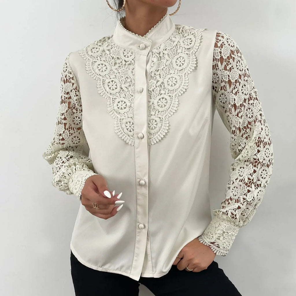 Women's Blouses White Office Spring Casual Button V-neck Long Sleeve Elegant Hook Flower Hollow Shirt For Female