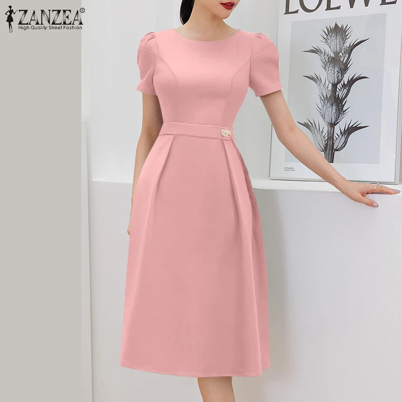 ZANZEA Office Women Dresses 2025 Fashion Summer Dress Elegant O Neck Short Sleeve Work Midi Vestido Stylish Solid Party Sundress