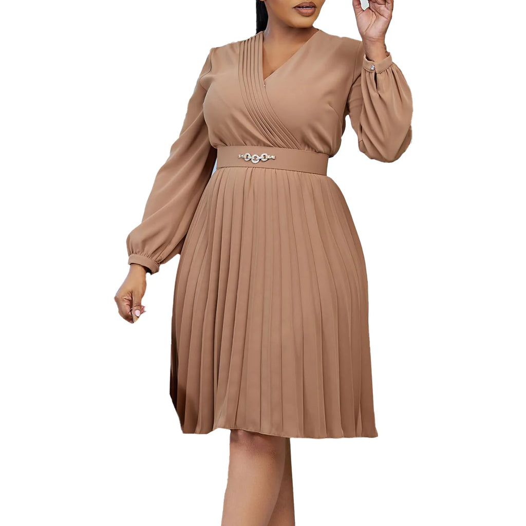 Summer New V-neck Elegant Solid Color Pleated Dress Fashionable Casual Knee-Length Women's Dress