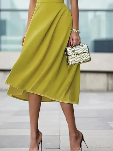 Green Yellow Officewear Dresses for Women 2026 Spring Summer O Neck Short Sleeve Bow High Waist Folds Elegant Midi Dress 182825