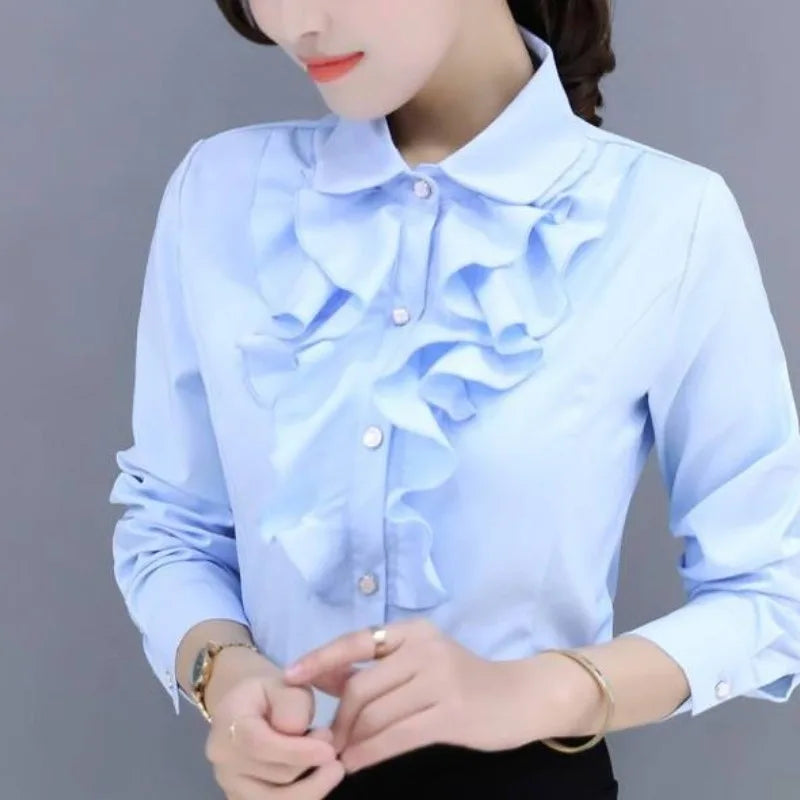 Autumn and Winter Women's Fashion Standing Collar Button Ruffles Shirring Blouse Solid Color Commuter Long Sleeve Slim Shirt