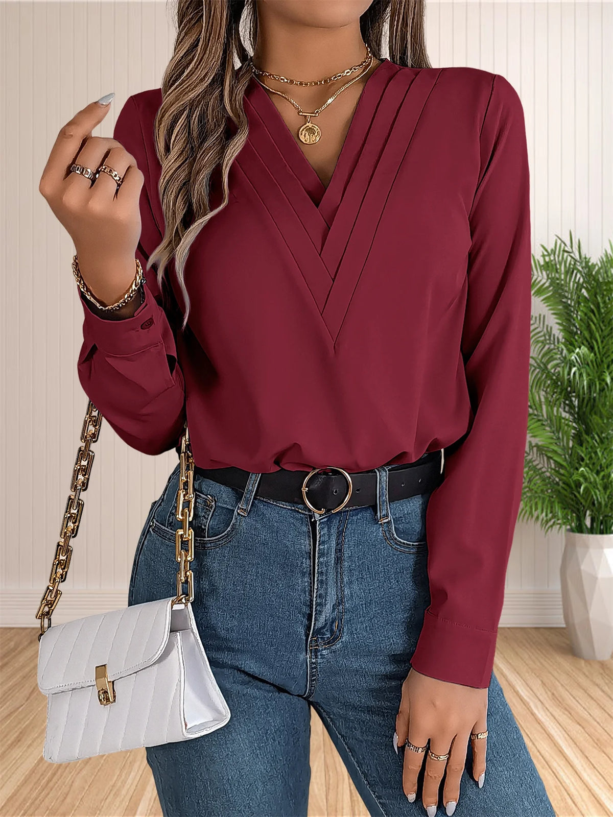 Women's Elegant Business Office Blouse Layered V Neck Long Sleeve 2024 Dressy Shirts Work Tops