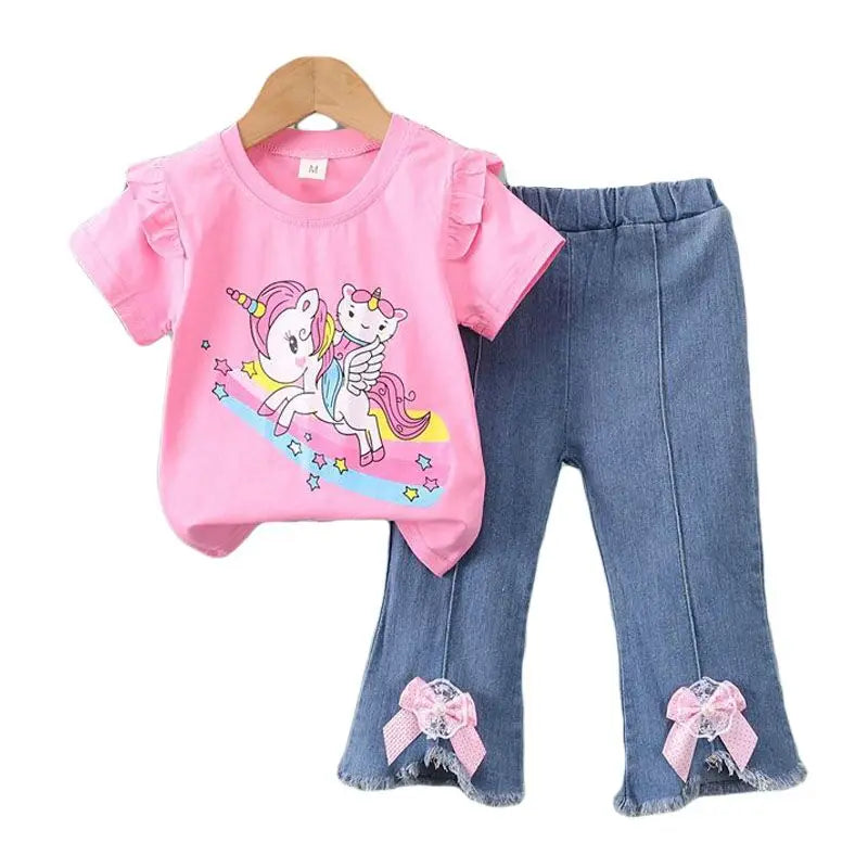 2024 New Children's Set Girls' Summer Cartoon Printed Short Sleeve+Cowboy Pants Infant Fashion Set 0-4 Years Old