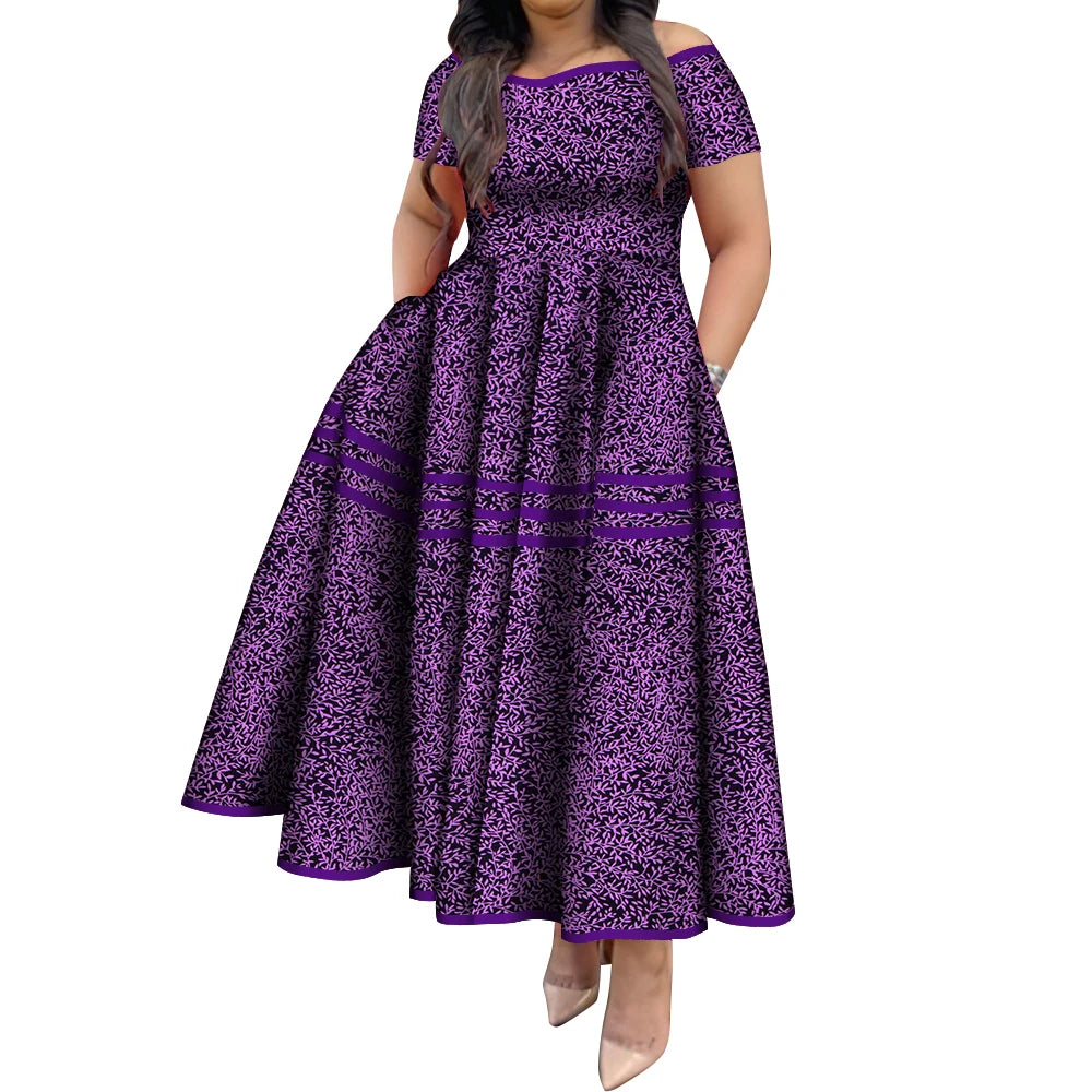 BintaRealWax African Dresses for Women Elegant African Print Short Sleeve High Waist Maxi Dress Africa Clothing WY3629