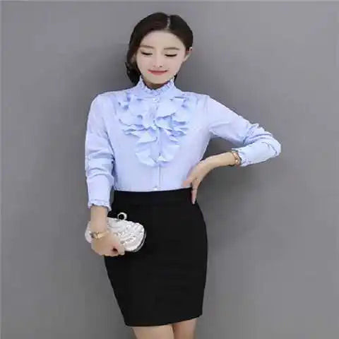 Autumn and Winter Women's Fashion Standing Collar Button Ruffles Shirring Blouse Solid Color Commuter Long Sleeve Slim Shirt