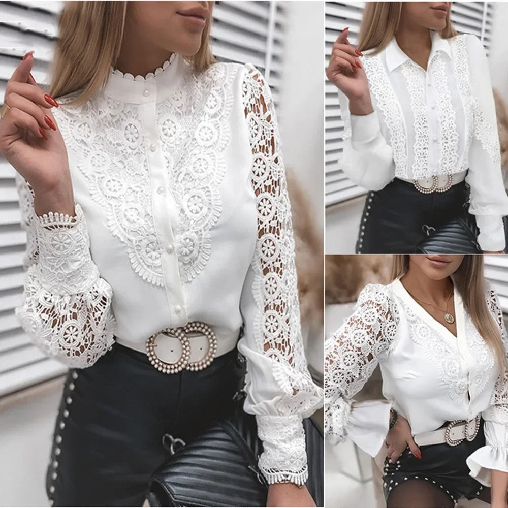 Women's Blouses White Office Spring Casual Button V-neck Long Sleeve Elegant Hook Flower Hollow Shirt For Female