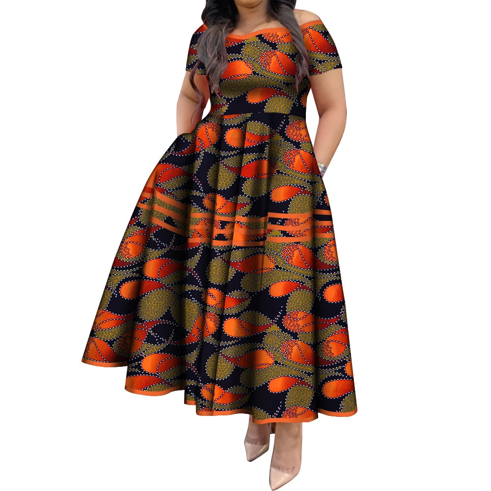 BintaRealWax African Dresses for Women Elegant African Print Short Sleeve High Waist Maxi Dress Africa Clothing WY3629