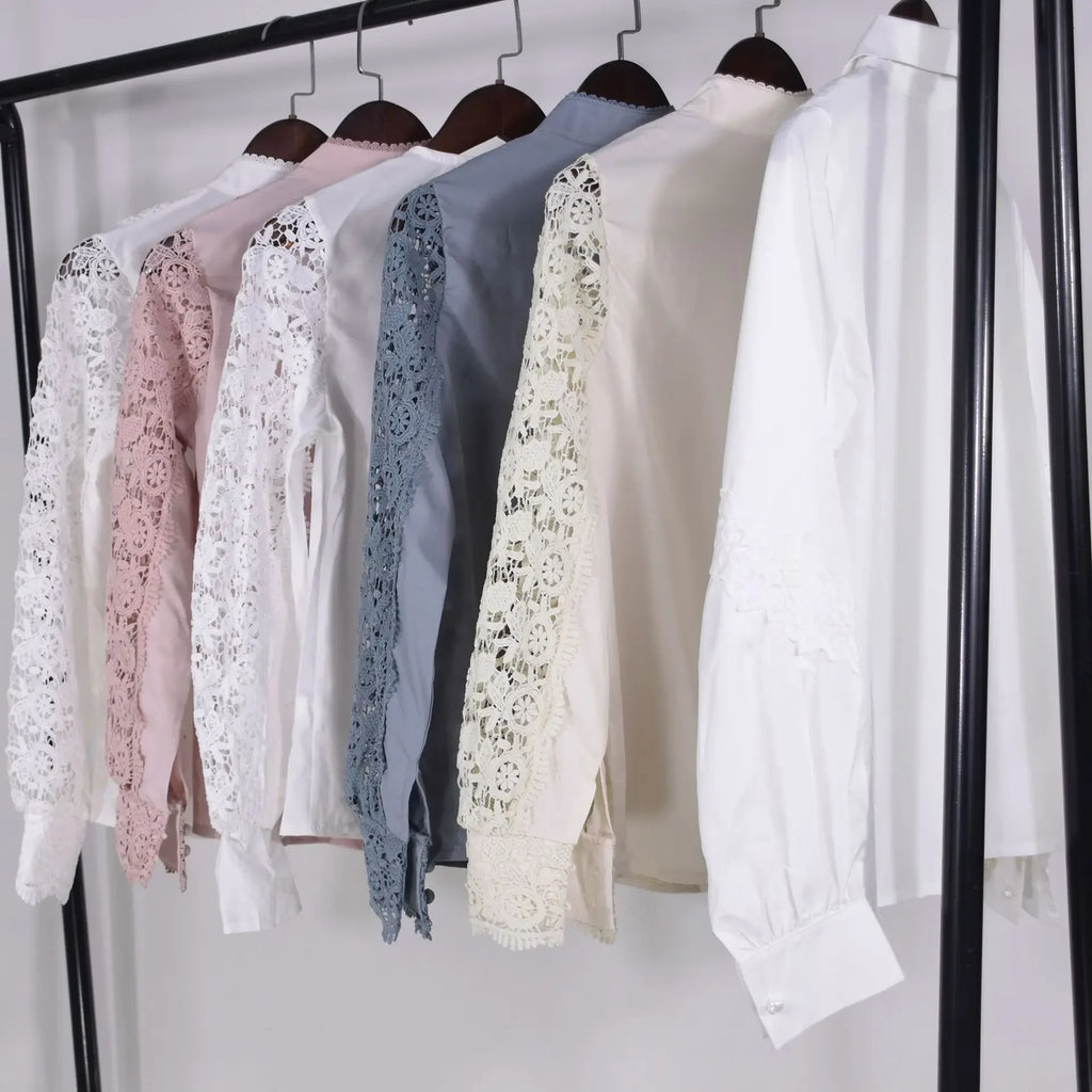 Women's Blouses White Office Spring Casual Button V-neck Long Sleeve Elegant Hook Flower Hollow Shirt For Female