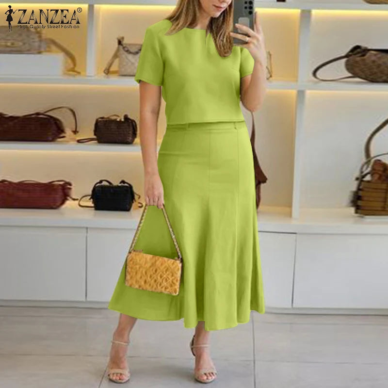 ZANZEA Fashion 2PCS Women Summer Dress Sets Summer Work OL Tracksuits Elegant Short Sleeve Blouse Sundress Casual Solid Outfits