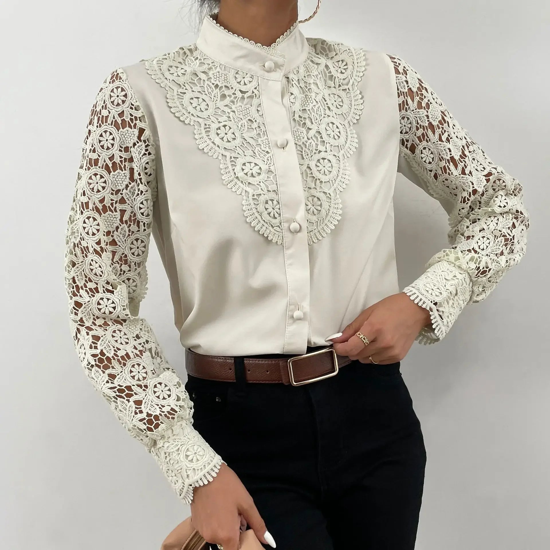 Women's Blouses White Office Spring Casual Button V-neck Long Sleeve Elegant Hook Flower Hollow Shirt For Female