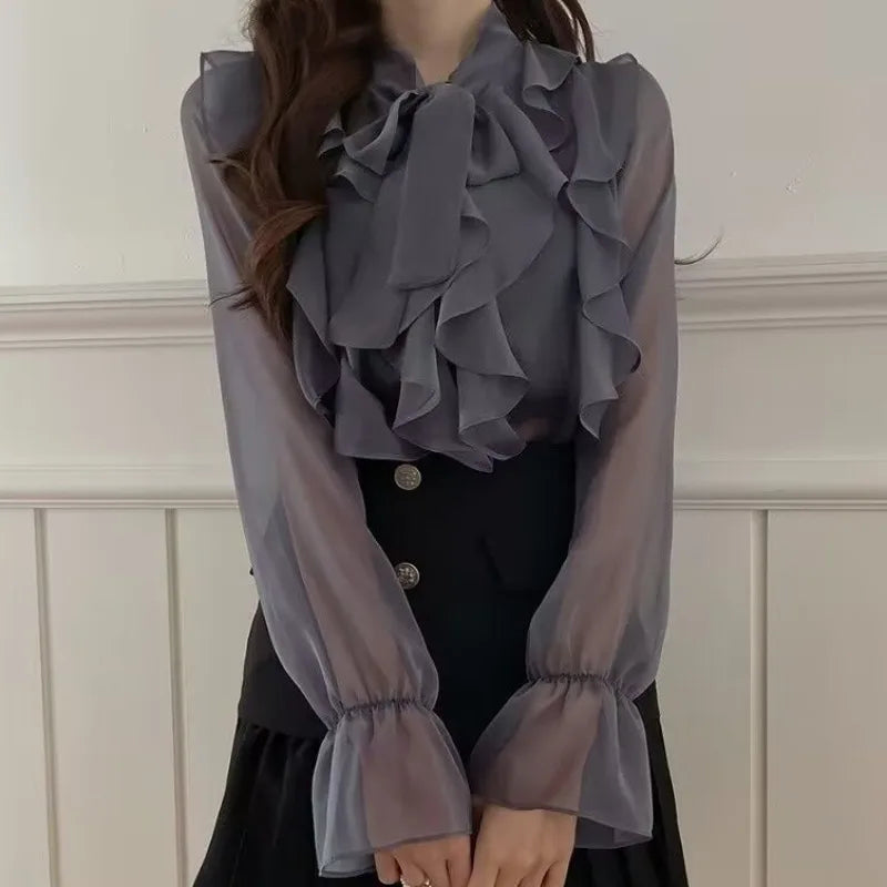 Summer Korean Chiffon Blouse Office Lady Autumn Fashion Tops Sweet Bow Shirts Women Casual Long Sleeve Blouses Blusas 13864