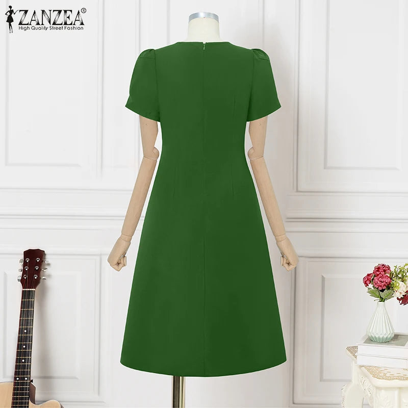 ZANZEA Office Women Dresses 2025 Fashion Summer Dress Elegant O Neck Short Sleeve Work Midi Vestido Stylish Solid Party Sundress