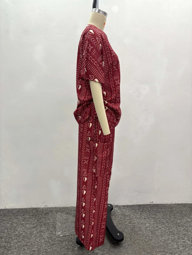 New African Fashion Vintage Casual Printed Women Two Piece Set Short Sleeve drawstring Waist and Loose Pants Set Outfits