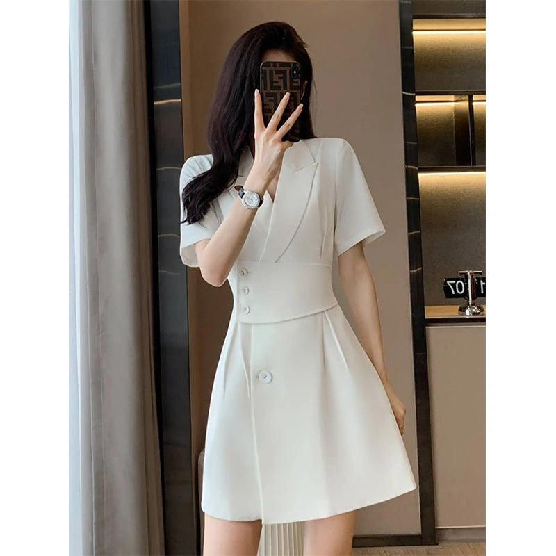 Summer New Office Lady Elegant Fashion Waist Dress Femme Short Sleeve Temperament Solid Robe Vestidos De Fiesta Women's Clothing