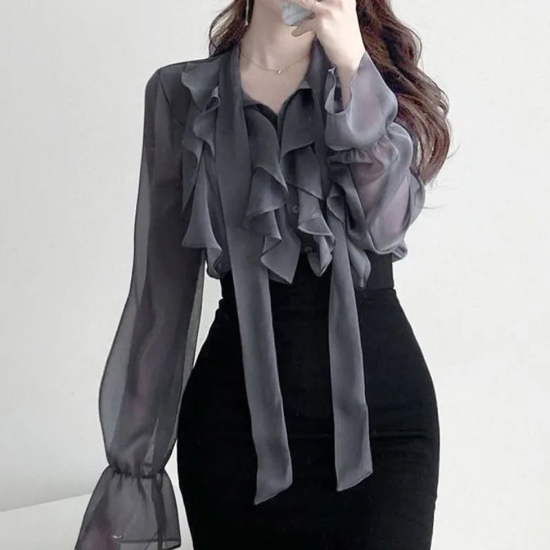 Summer Korean Chiffon Blouse Office Lady Autumn Fashion Tops Sweet Bow Shirts Women Casual Long Sleeve Blouses Blusas 13864