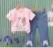 2024 New Children's Set Girls' Summer Cartoon Printed Short Sleeve+Cowboy Pants Infant Fashion Set 0-4 Years Old