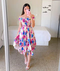 Women's Floral Print Dress, Butterfly Pink, Short Sleeve, Flower Slash Neck, Sexy Boho Elegant Casual Dresses, Summer, 2025