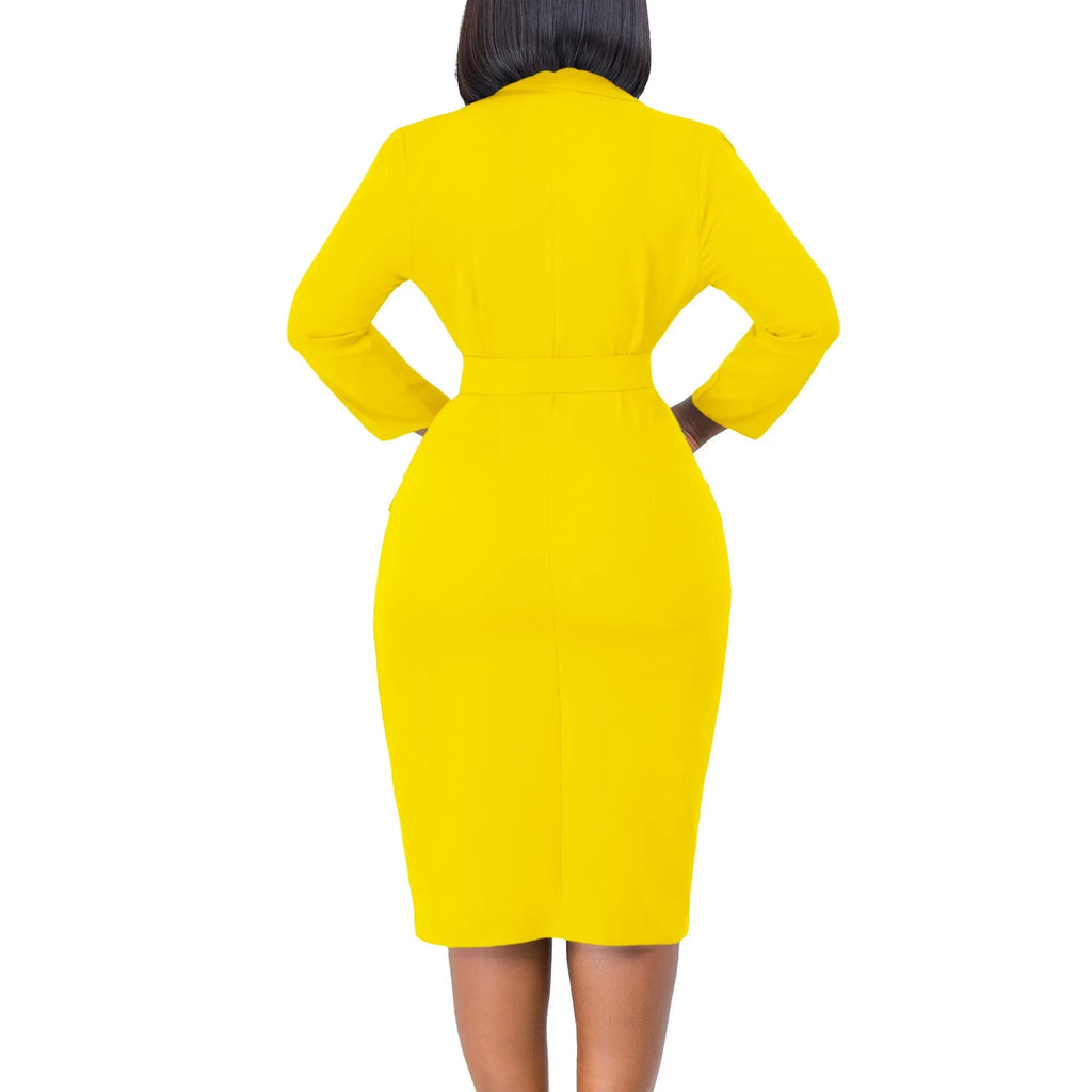 Office Dress Women Elegant Notched Collar Full Sleeve Belt Waisted Double Breasted Package Hips Mid Calf Formal Work Dress Midi