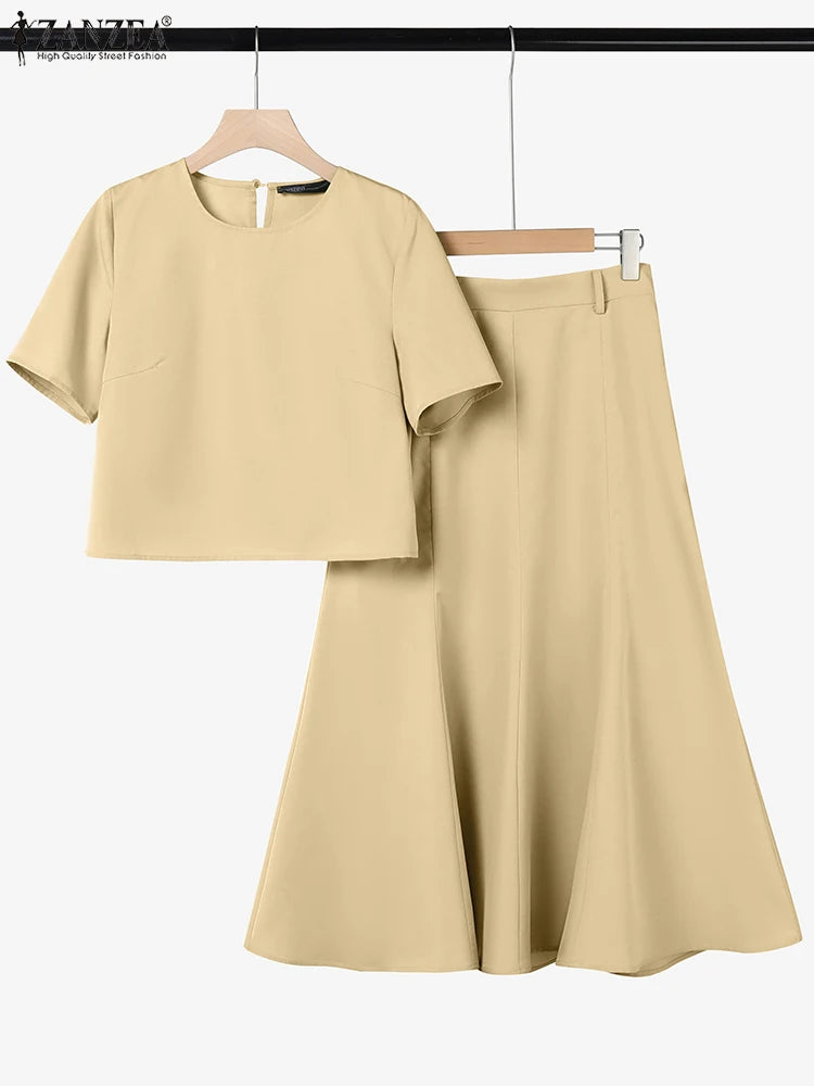 ZANZEA Fashion 2PCS Women Summer Dress Sets Summer Work OL Tracksuits Elegant Short Sleeve Blouse Sundress Casual Solid Outfits