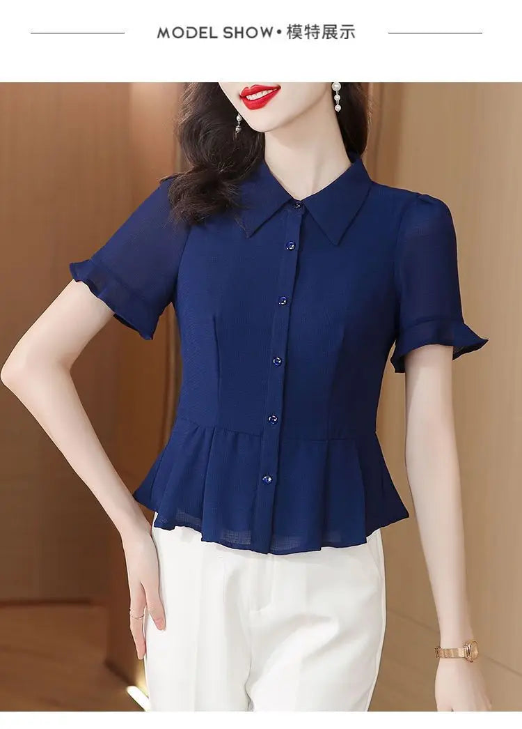 Women's Button Down Blouse Short Ruffle Sleeve Peplum Hem Chiffon Office Casual Top