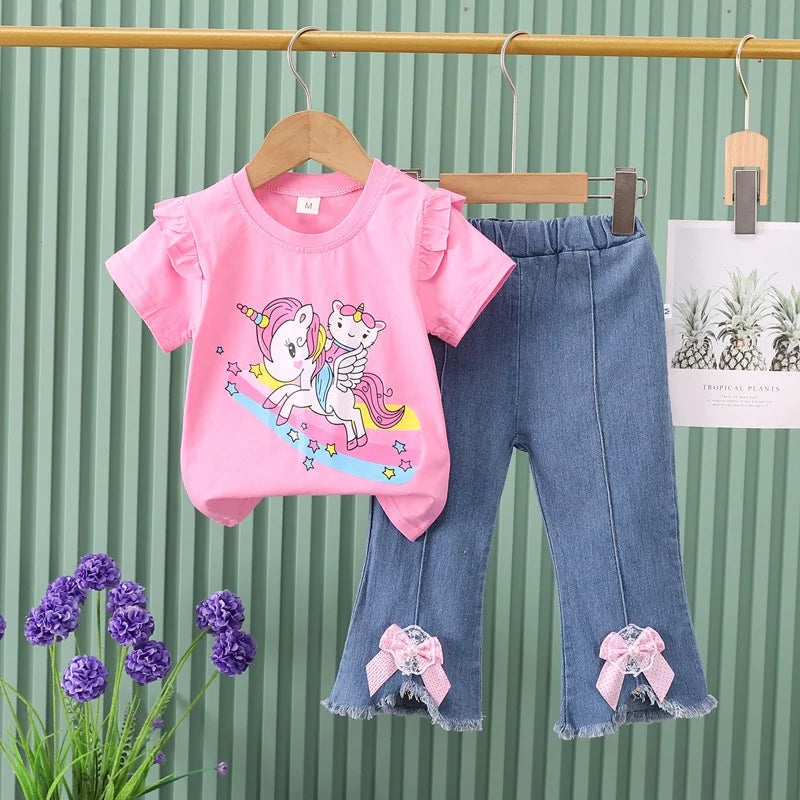 2024 New Children's Set Girls' Summer Cartoon Printed Short Sleeve+Cowboy Pants Infant Fashion Set 0-4 Years Old